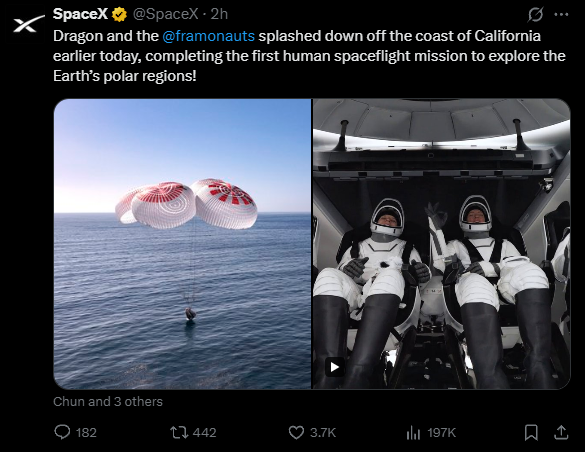 人類首次！SpaceX載人繞飛地球兩極任務結束 機組成功返回地球